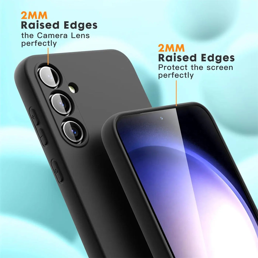Schwarze Silikonhülle für Samsung Galaxy A54 5G, Nahaufnahme, Rückseite und Vorderseite