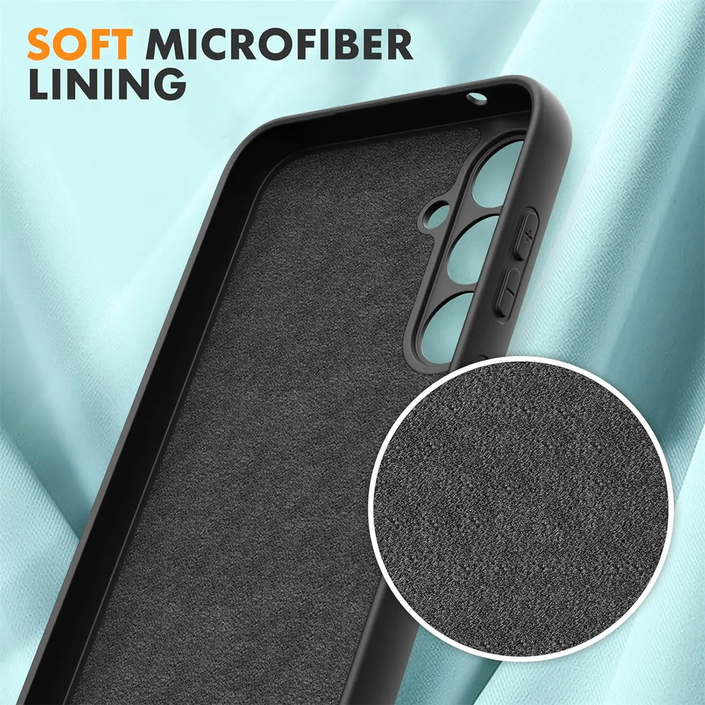 Schwarze Silikonhülle mit Mikrofaser-Innenfutter, Nahaufnahme, Samsung Galaxy A54 5G.