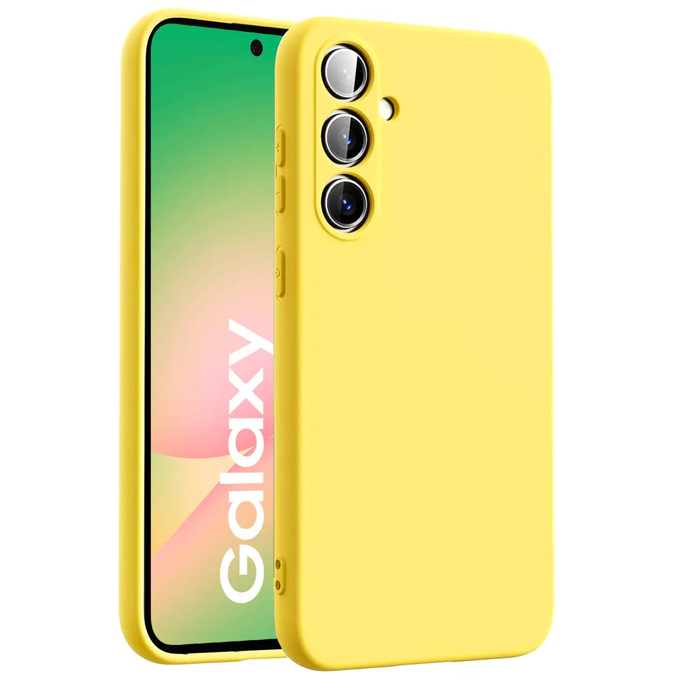Gelbe Silikonhülle mit Mikrofaser-Innenfutter für Samsung Galaxy A56 5G, von vorne schräg