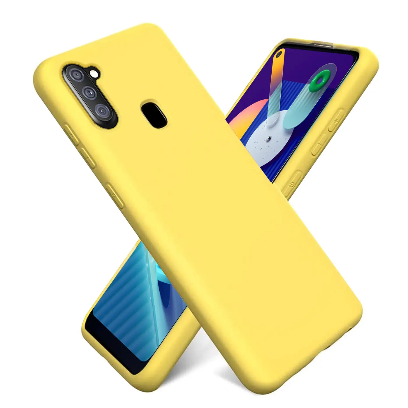 Gelbe Silikonhülle mit Mikrofaser-Innenfutter für Samsung Galaxy M11, von vorne schräg