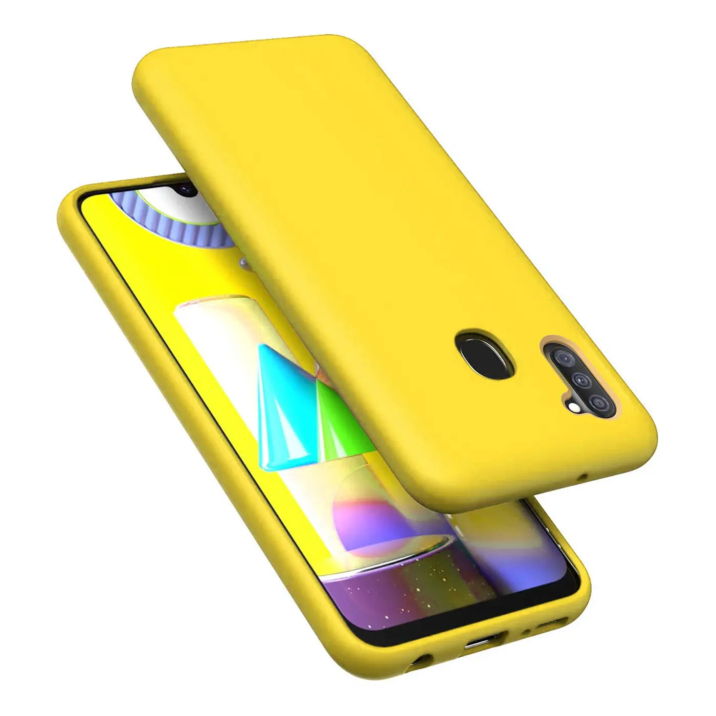 Gelbe Silikonhülle auf Samsung Galaxy M11, von oben schräg fotografiert.