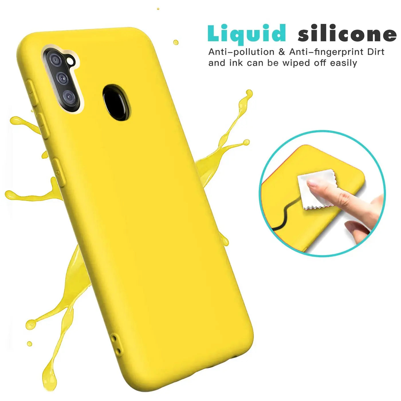 Gelbe Silikonhülle für Samsung Galaxy M11, von vorne links, mit Mikrofaser-Innenfutter.