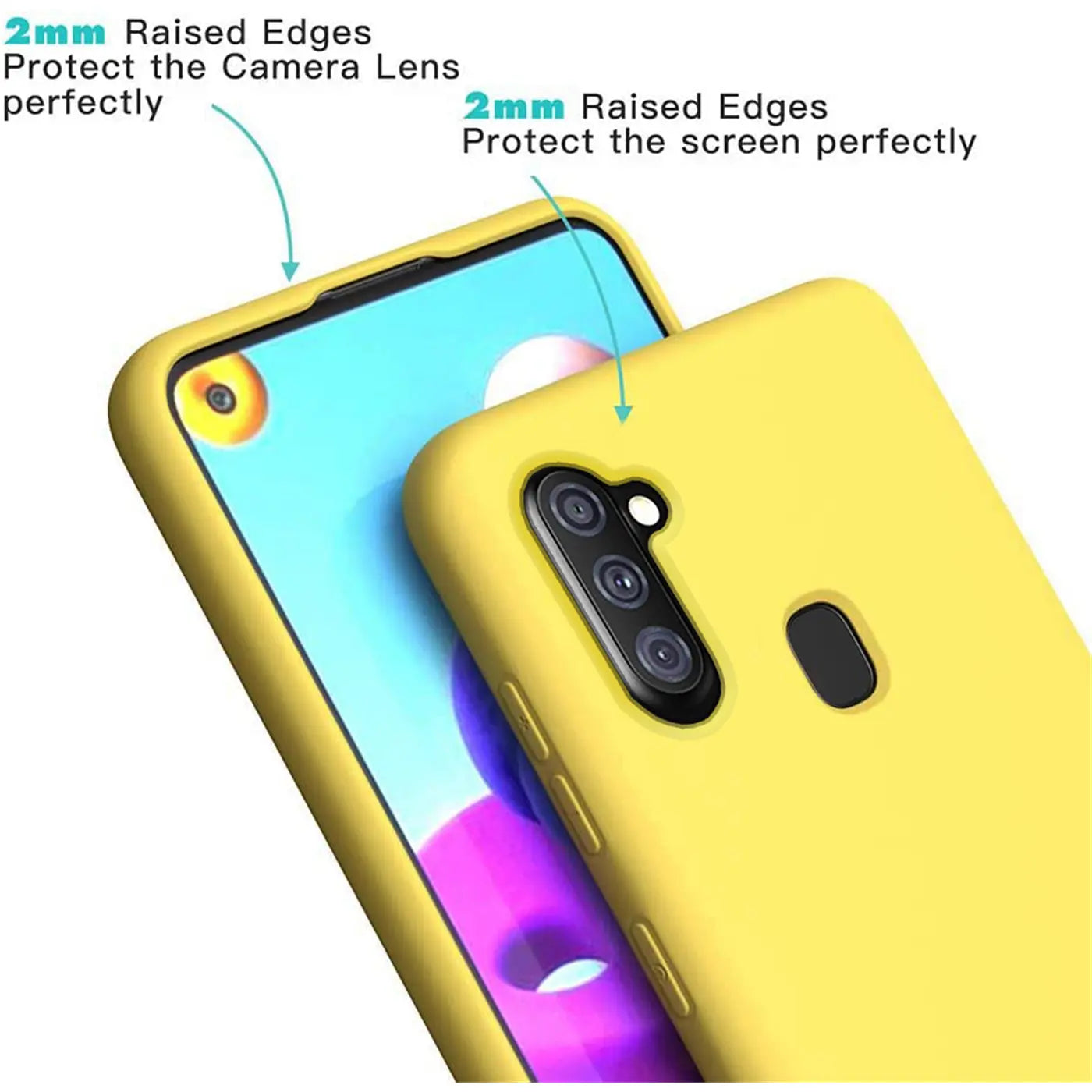 Gelbe Silikonhülle mit Mikrofaser-Innenfutter für Samsung Galaxy M11, Nahaufnahme.