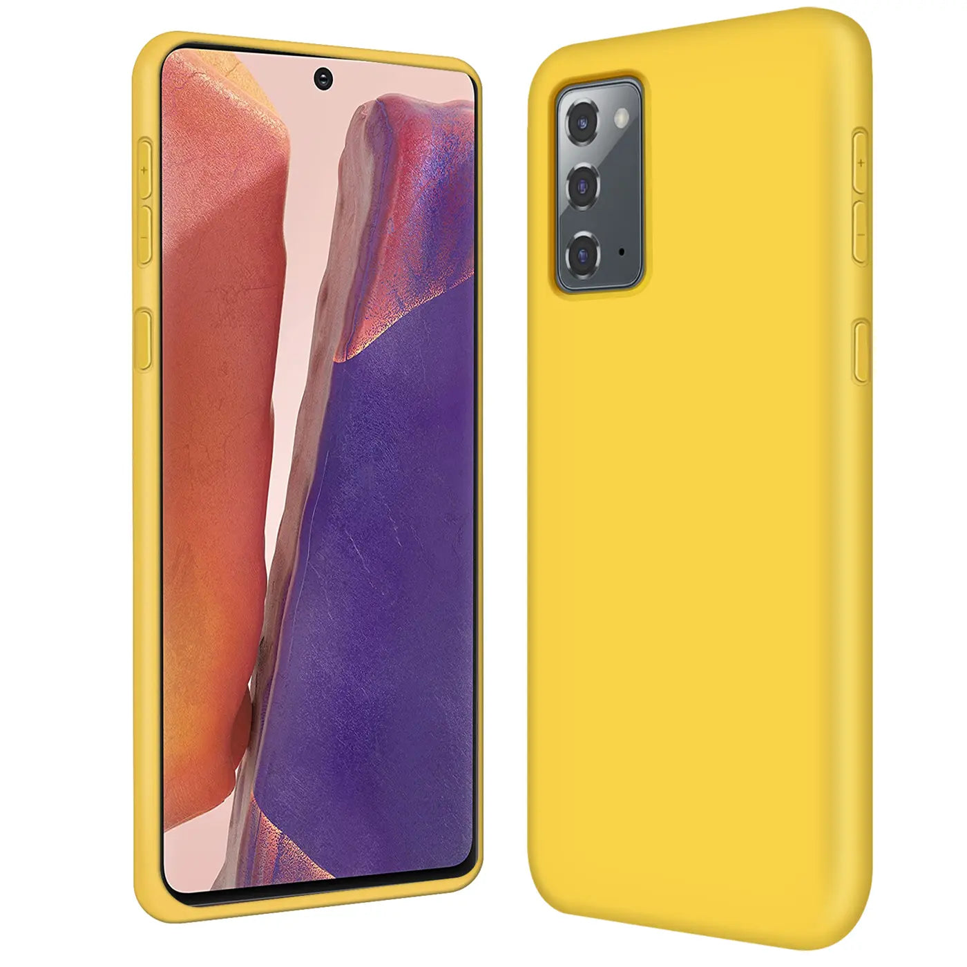 Gelbe Silikonhülle mit Mikrofaser-Innenfutter für Samsung Galaxy Note 20, Vorder- und Rückansicht.