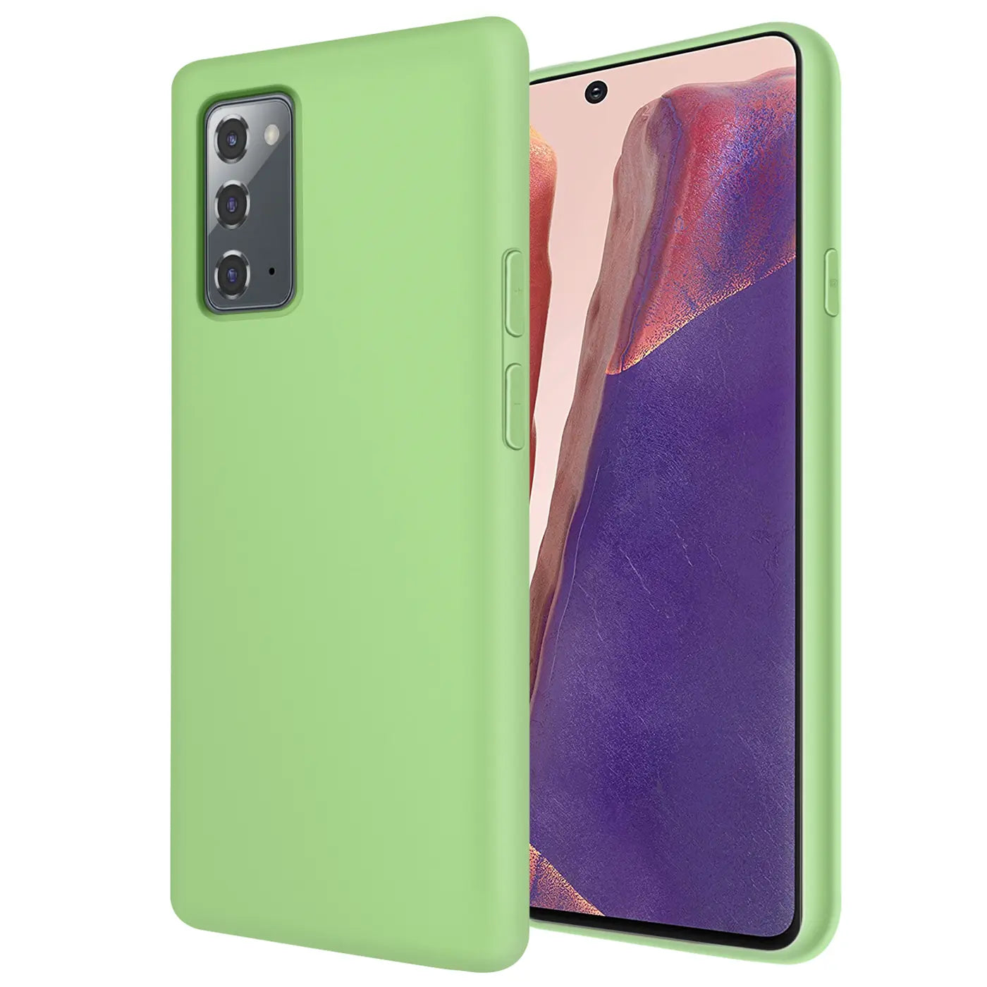 Grüne Silikonhülle, Mikrofaser-Innenfutter, Vorderansicht mit Samsung Galaxy Note 20.