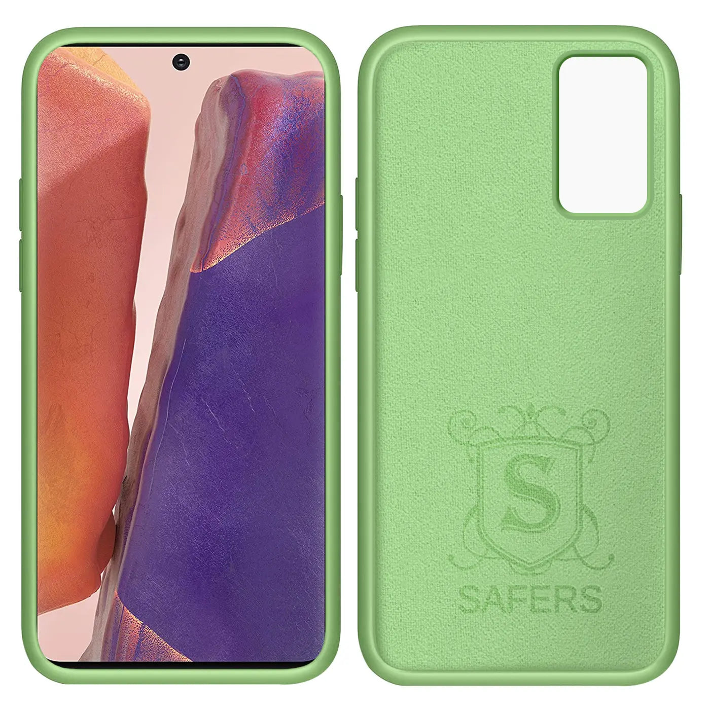 Grüne Silikonhülle, Vorder- und Rückansicht, für Samsung Galaxy Note 20.