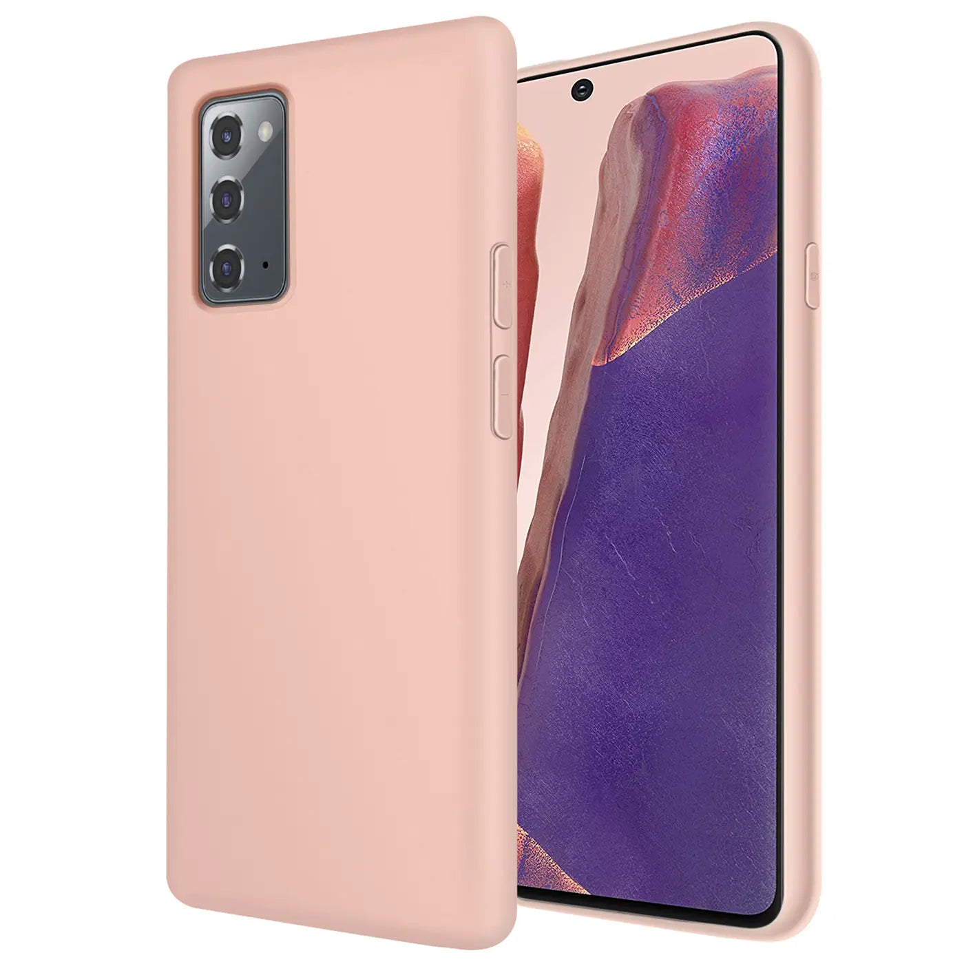 Rosa Silikonhülle für Samsung Galaxy Note 20, von vorne/seitlich gezeigt.