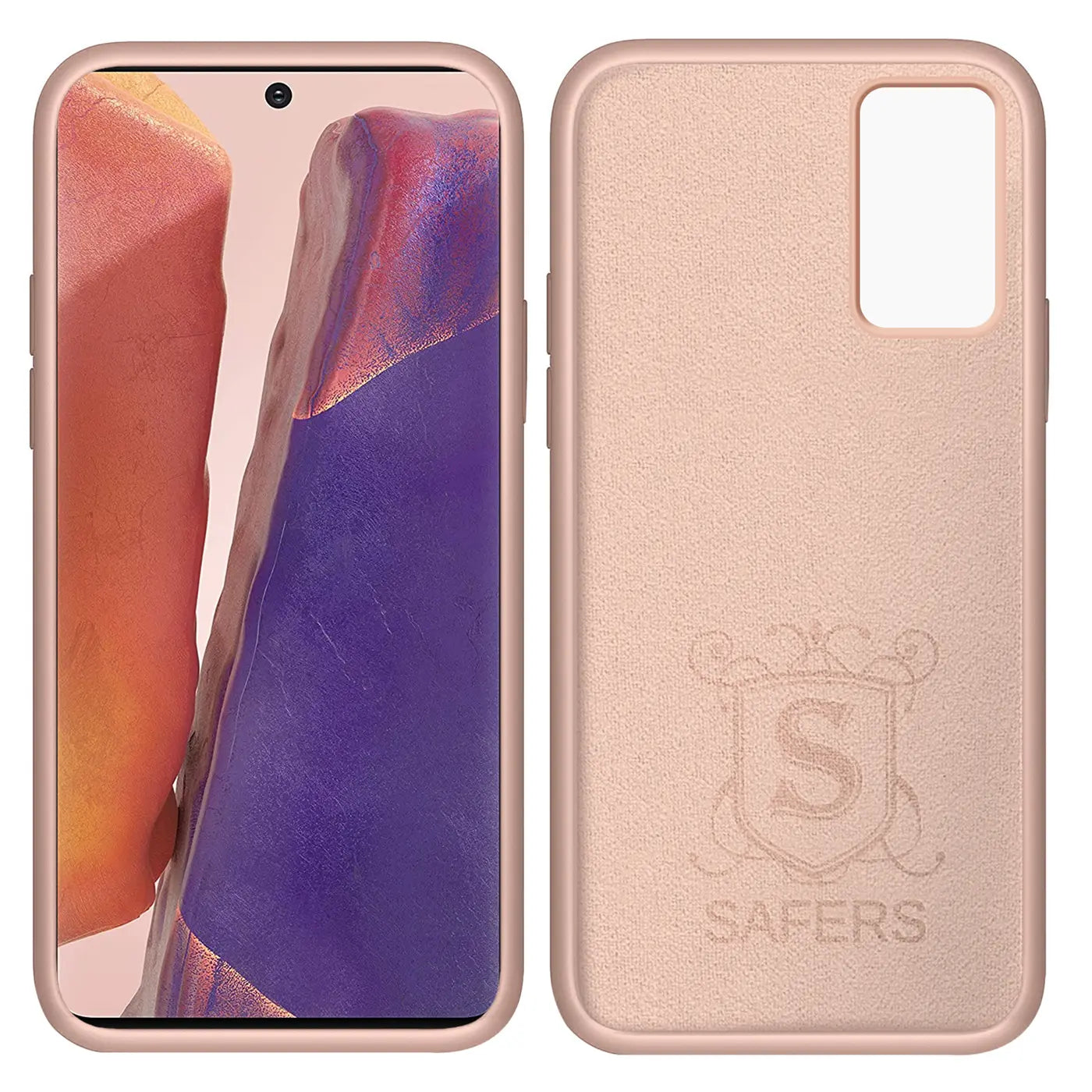 Samsung Galaxy Note 20 mit rosa Silikonhülle, Vorder- und Rückansicht.