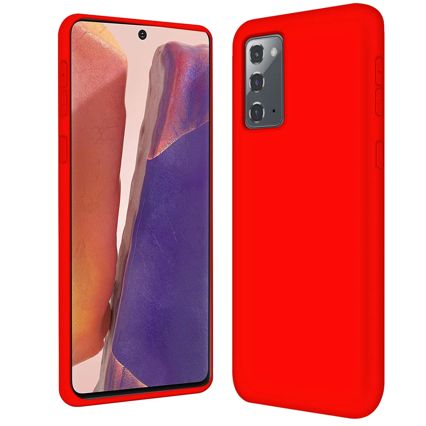 Rote Silikonhülle mit Mikrofaser-Innenfutter, Vorder- und Rückansicht, Samsung Galaxy Note 20.
