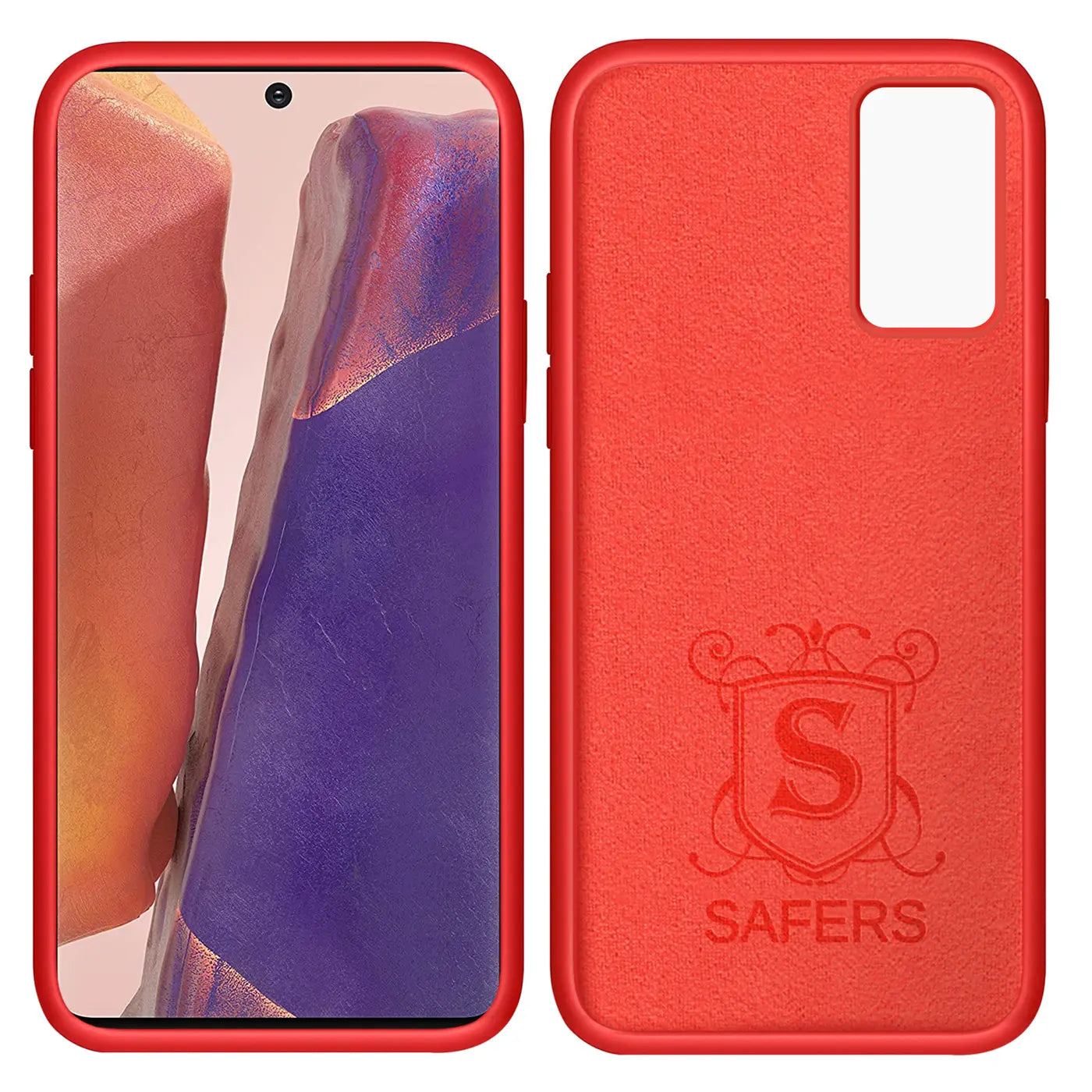 Rote Silikonhülle mit Mikrofaser-Innenfutter für Samsung Galaxy Note 20, Rückseite mit Logo.