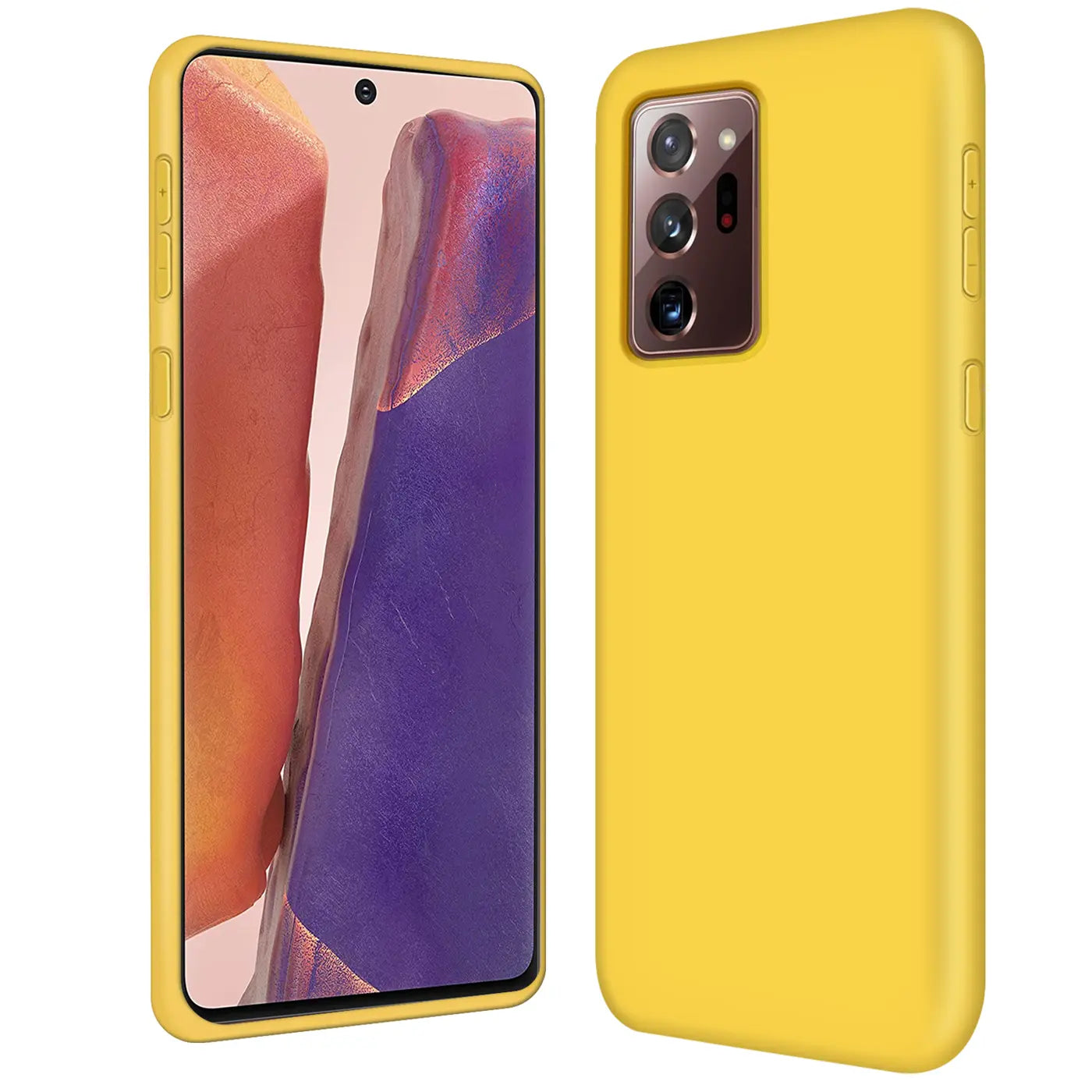 Gelbe Silikonhülle für Samsung Galaxy Note 20 Ultra, Vorder- und Rückansicht.