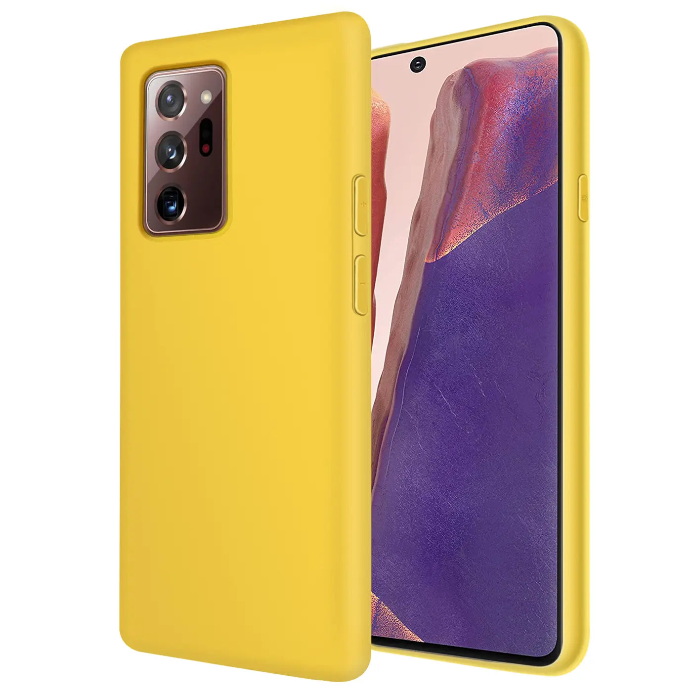 Gelbe Silikonhülle mit Mikrofaser-Innenfutter, seitliche Ansicht, Samsung Galaxy Note 20 Ultra.