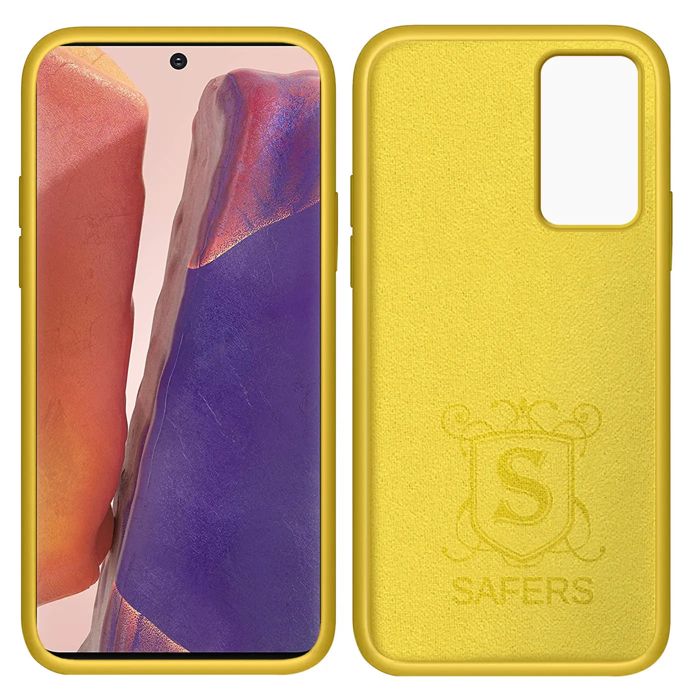 Gelbe Silikonhülle für Samsung Galaxy Note 20 Ultra, Rückansicht mit Logo.