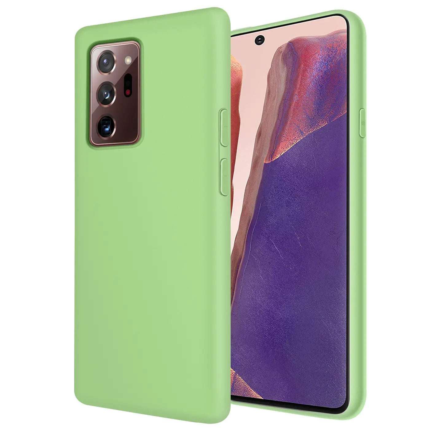 Grüne Silikonhülle mit Mikrofaser-Innenfutter für Samsung Galaxy Note 20 Ultra, Seitenansicht.
