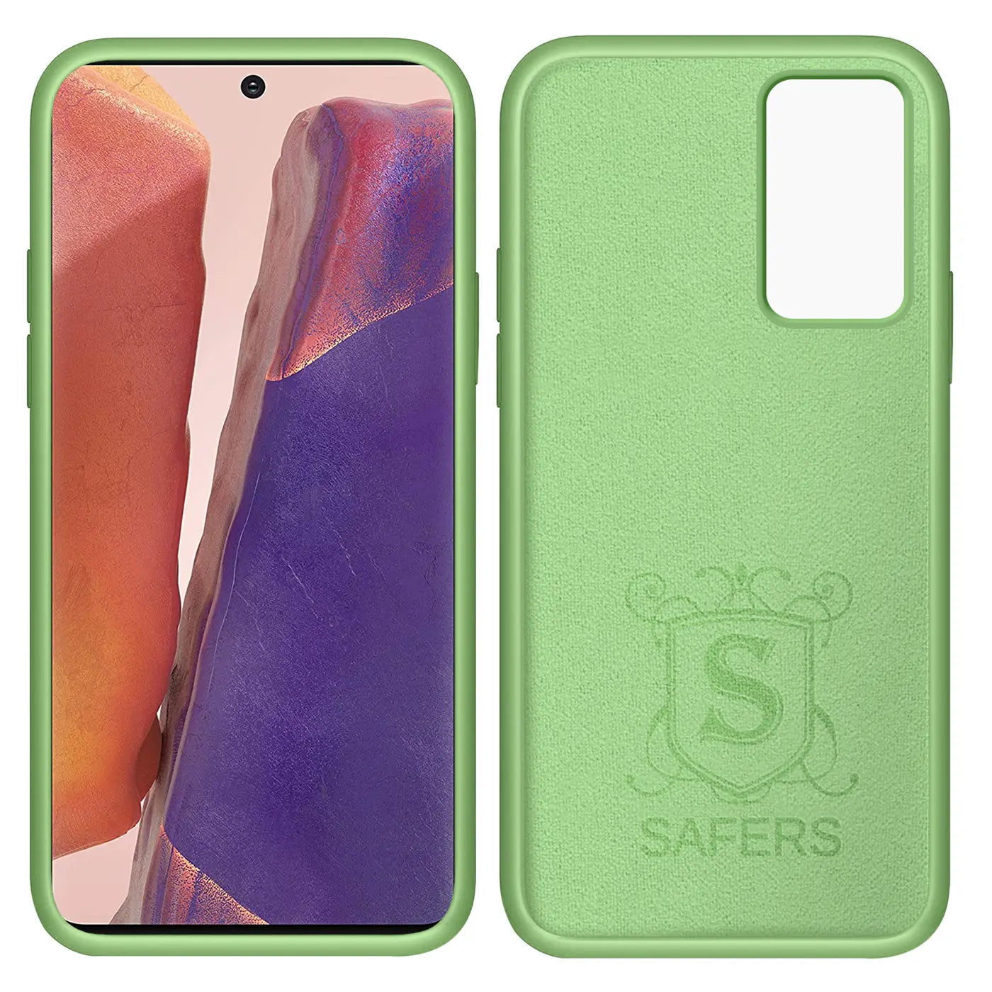 Grüne Silikonhülle für Samsung Galaxy Note 20 Ultra, Vorder- und Rückseite, Mikrofaser innen.