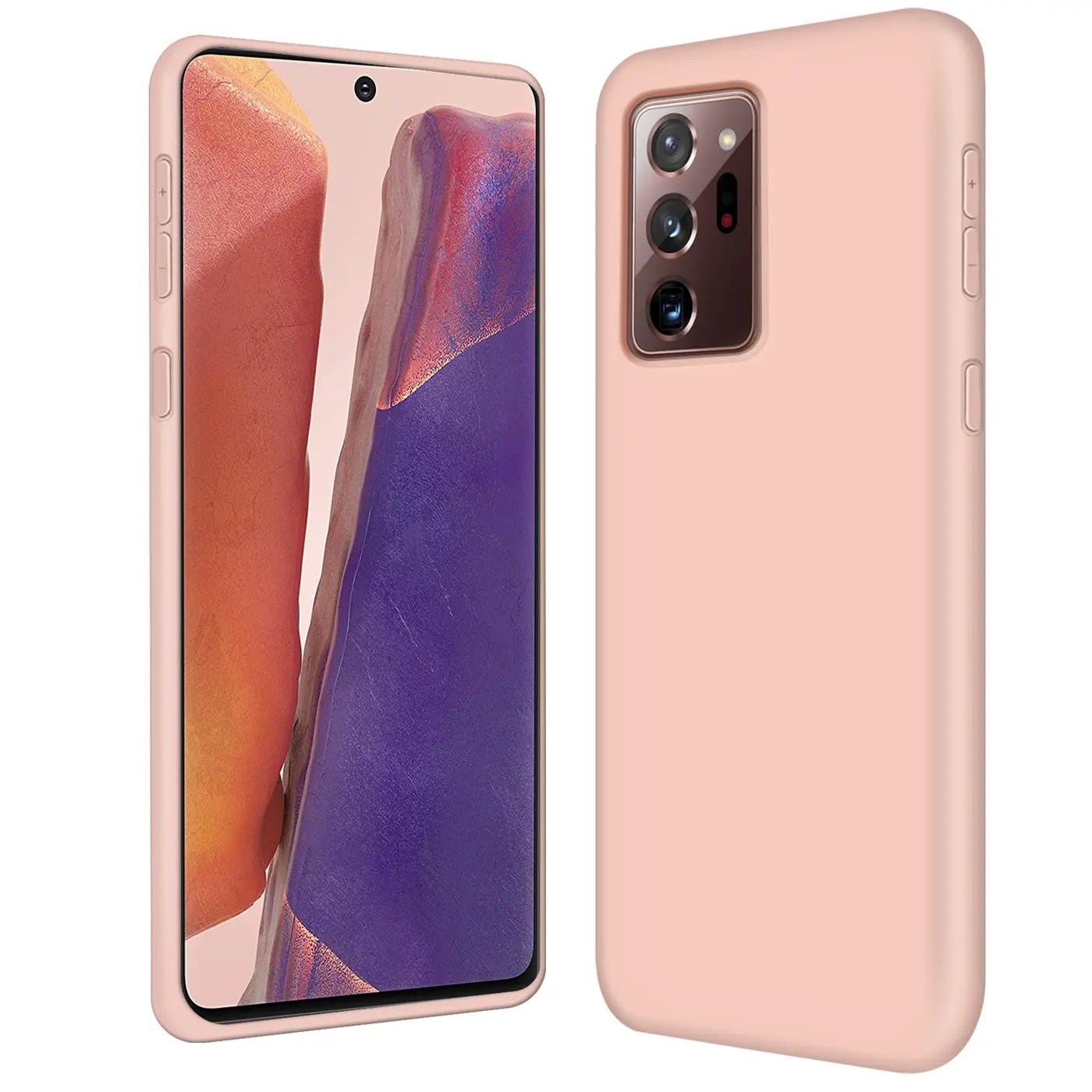 Rosa Silikonhülle für Samsung Galaxy Note 20 Ultra, von vorne und hinten gezeigt.