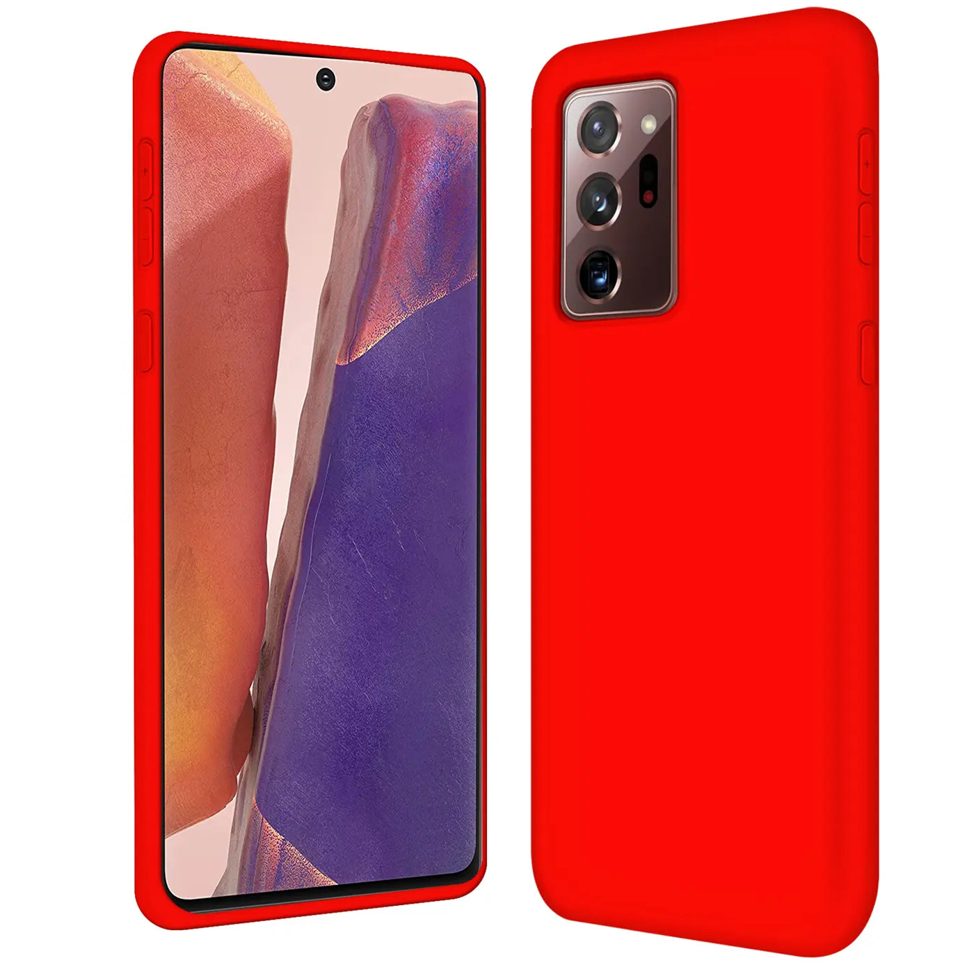 Rote Silikonhülle für Samsung Galaxy Note 20 Ultra, Vorder- und Rückansicht.