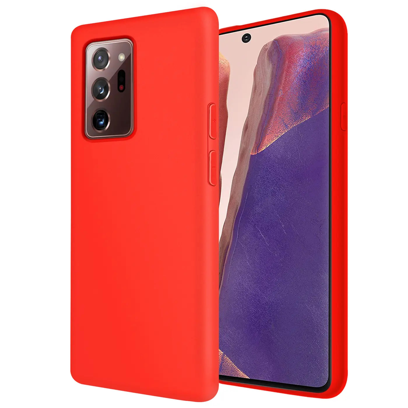 Rote Silikonhülle mit Mikrofaser-Innenfutter, zeigt Samsung Galaxy Note 20 Ultra, Seitenansicht.