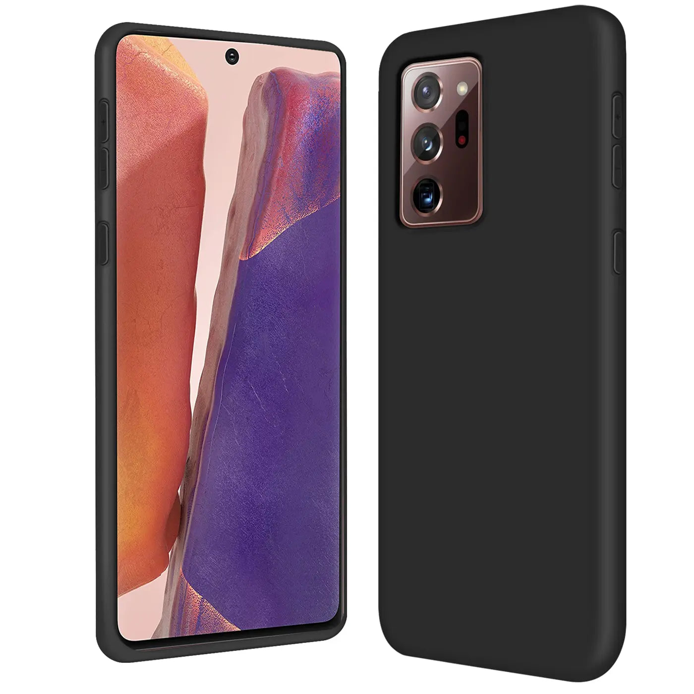 Schwarze Silikonhülle für Samsung Galaxy Note 20 Ultra, von vorne und hinten gezeigt.