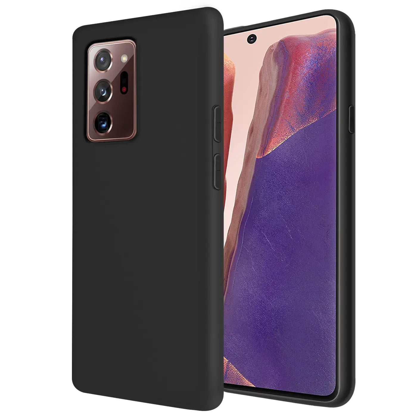 Schwarze Silikonhülle mit Mikrofaser-Innenfutter für Samsung Galaxy Note 20 Ultra, Seitenansicht.