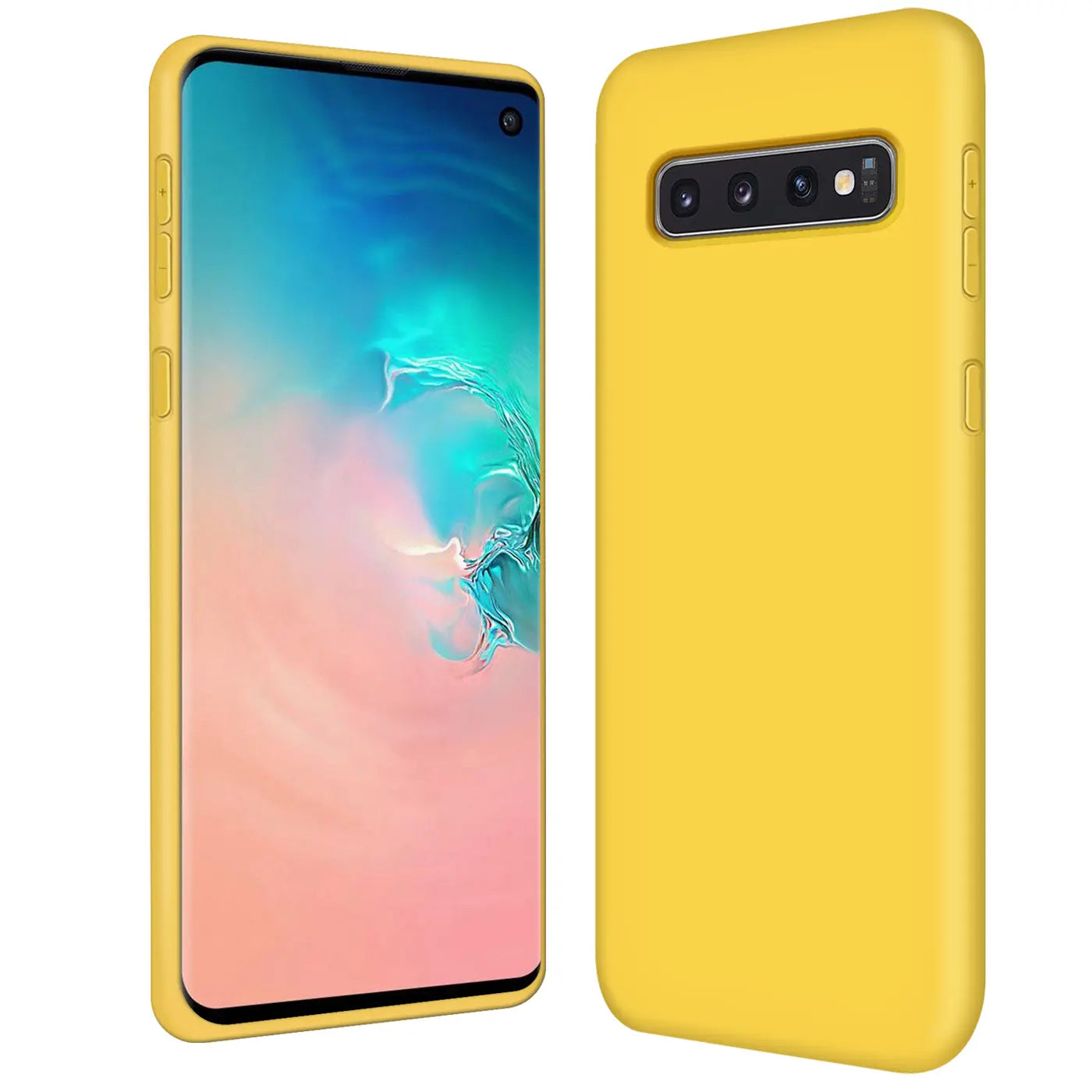 Gelbe Silikonhülle für Samsung Galaxy S10, Vorder- und Rückansicht