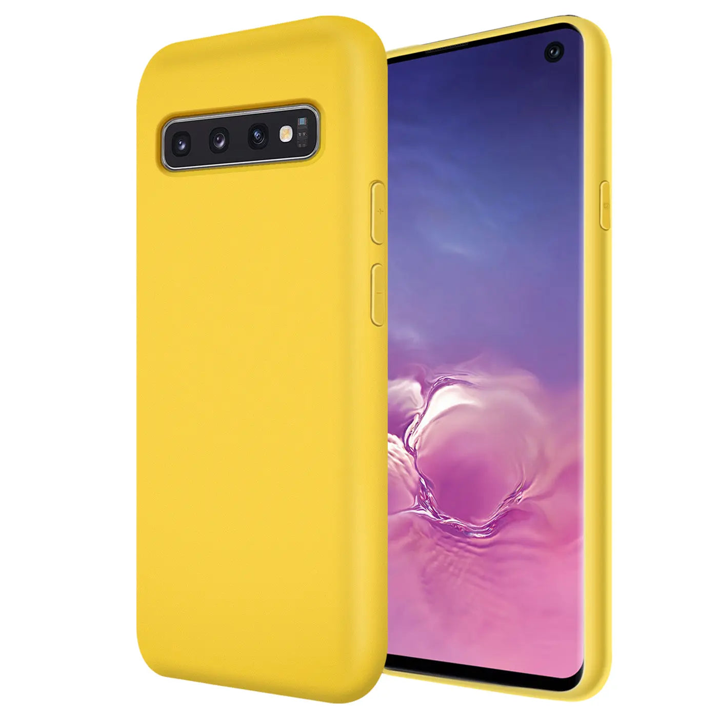 Gelbe Silikonhülle mit Mikrofaserfutter für Samsung Galaxy S10, Seitenansicht.