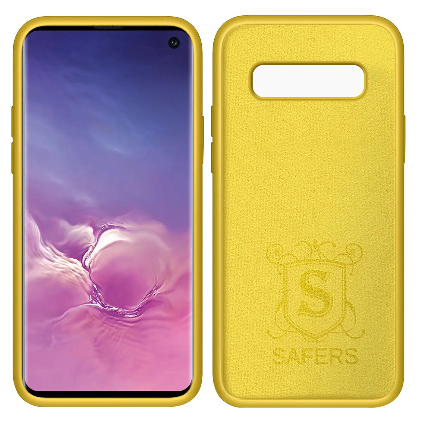 Gelbe Silikonhülle für Samsung Galaxy S10, Vorder- und Rückansicht. Mikrofaser innen.