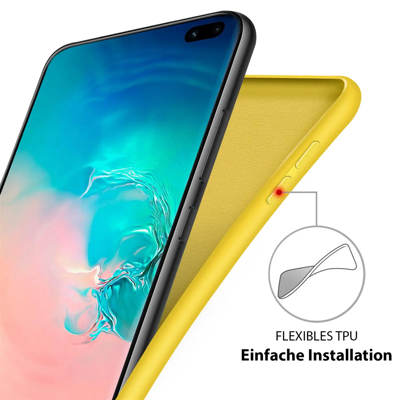 Gelbe Silikonhülle mit Mikrofaserfutter für Samsung Galaxy S10, Nahaufnahme