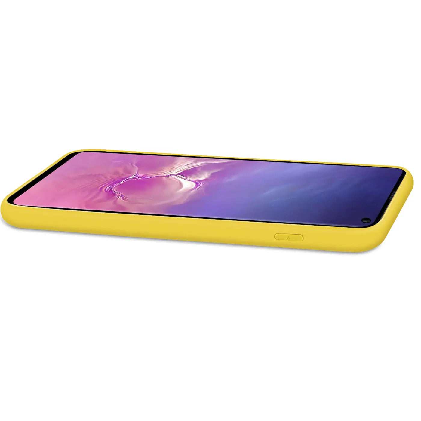 Gelbe Silikonhülle mit Mikrofaserfutter für Samsung Galaxy S10, Seitenansicht.