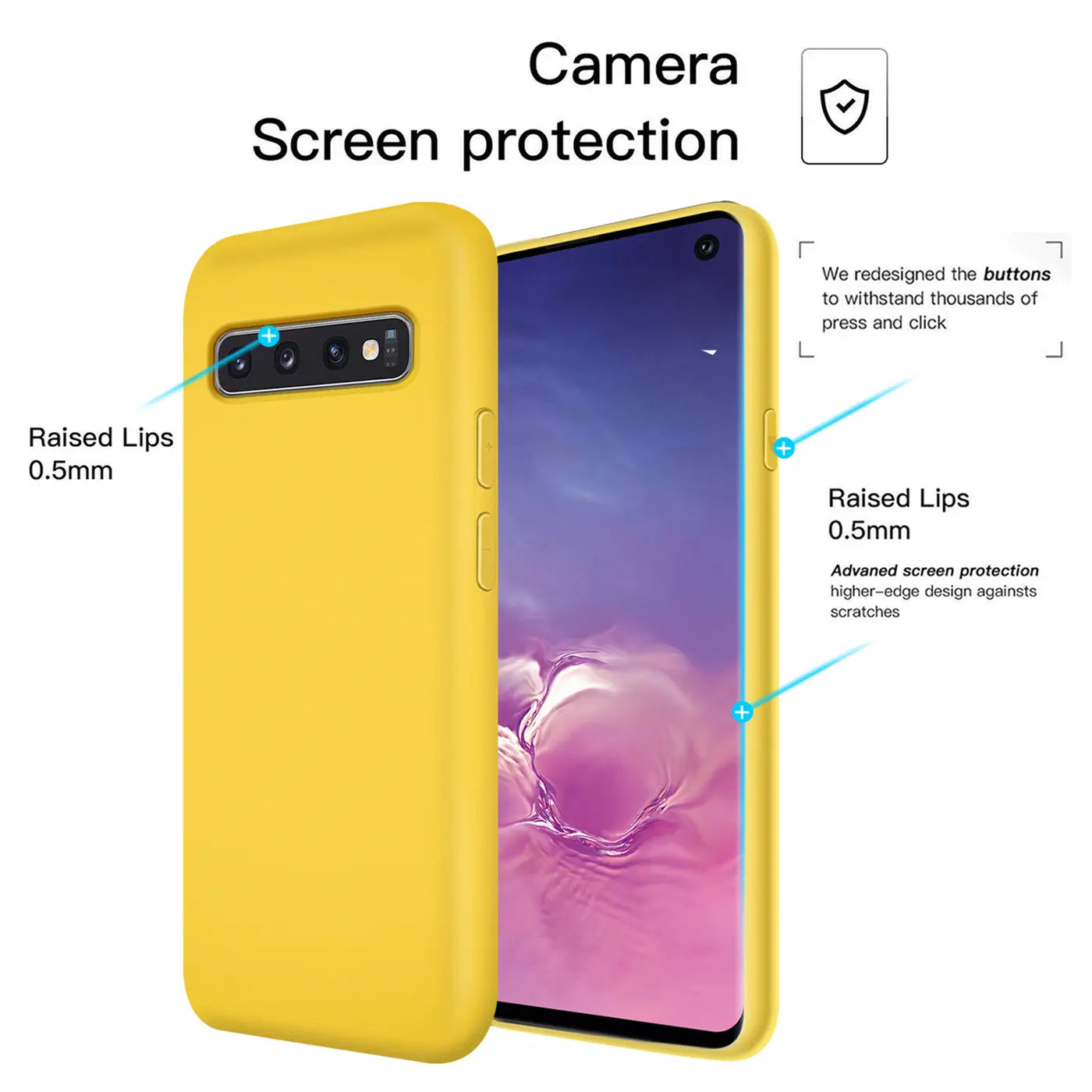 Gelbe Silikonhülle mit Mikrofaser-Innenfutter für Samsung Galaxy S10, Seitenansicht.