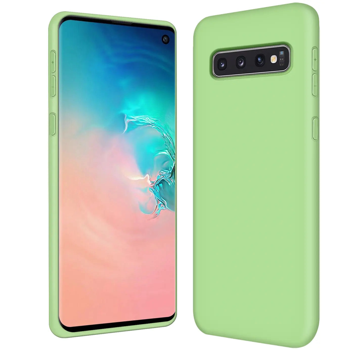 Helle grüne Silikonhülle für Samsung Galaxy S10, von vorne und hinten gezeigt.