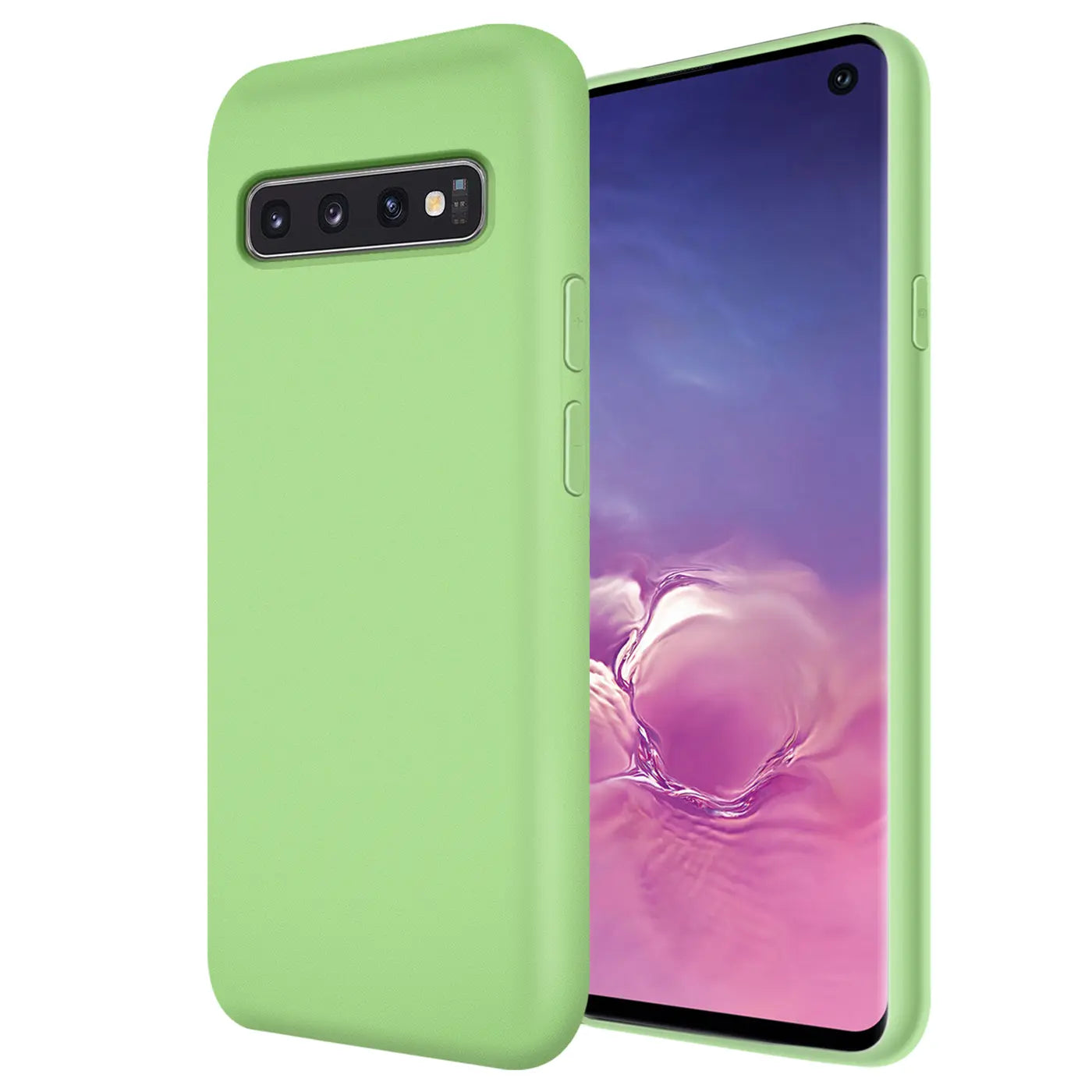 Grüne Silikonhülle mit Mikrofaser-Innenfutter für Samsung Galaxy S10, Seitenansicht.