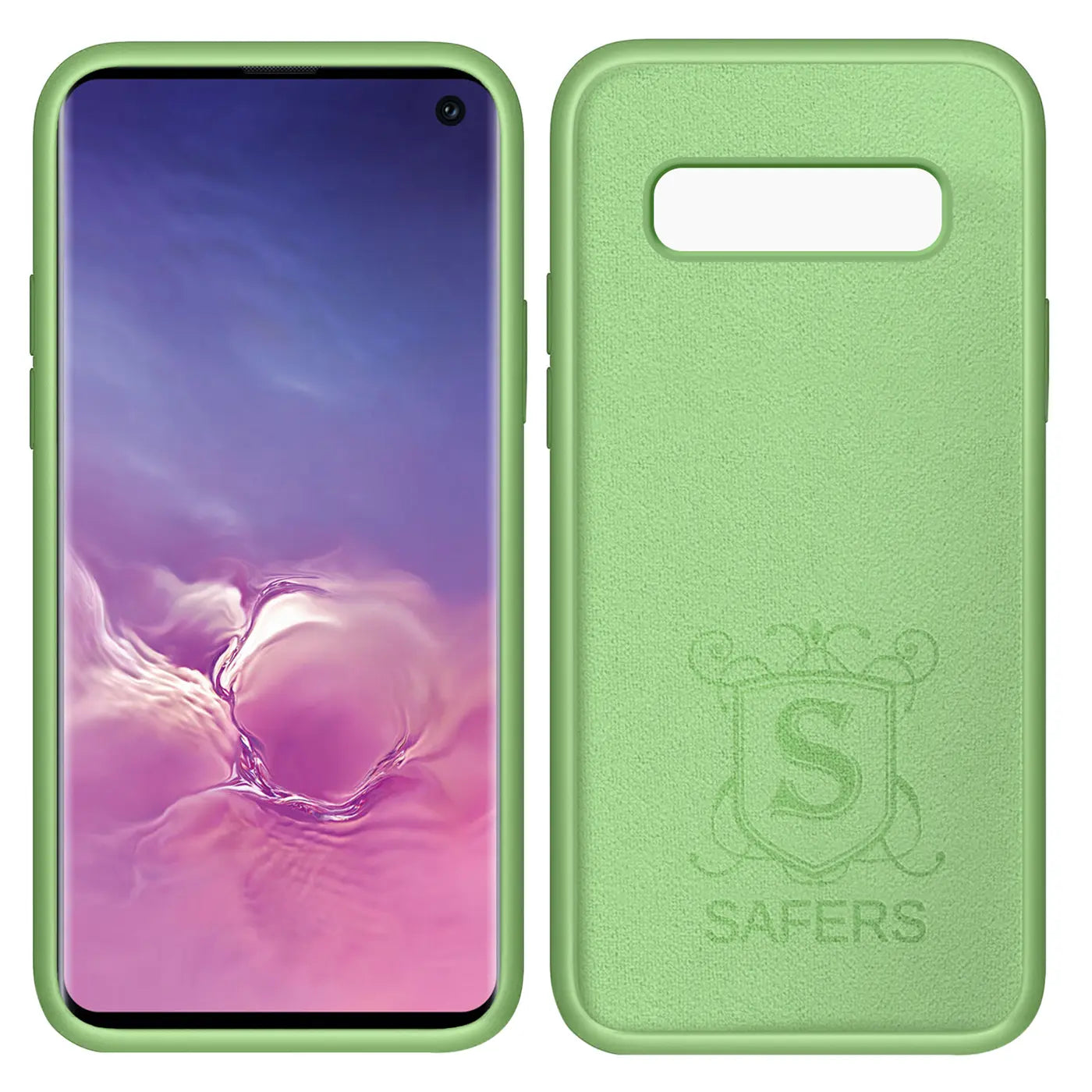 Grüne Silikonhülle für Samsung Galaxy S10, Vorder- und Rückansicht, Mikrofaser-Innenfutter.