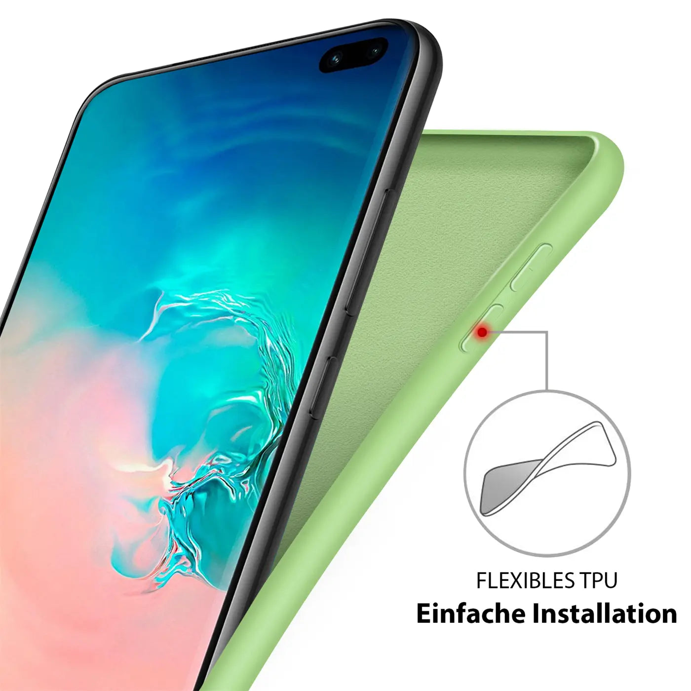 Grüne Silikonhülle, Nahaufnahme, Samsung Galaxy S10, von oben links