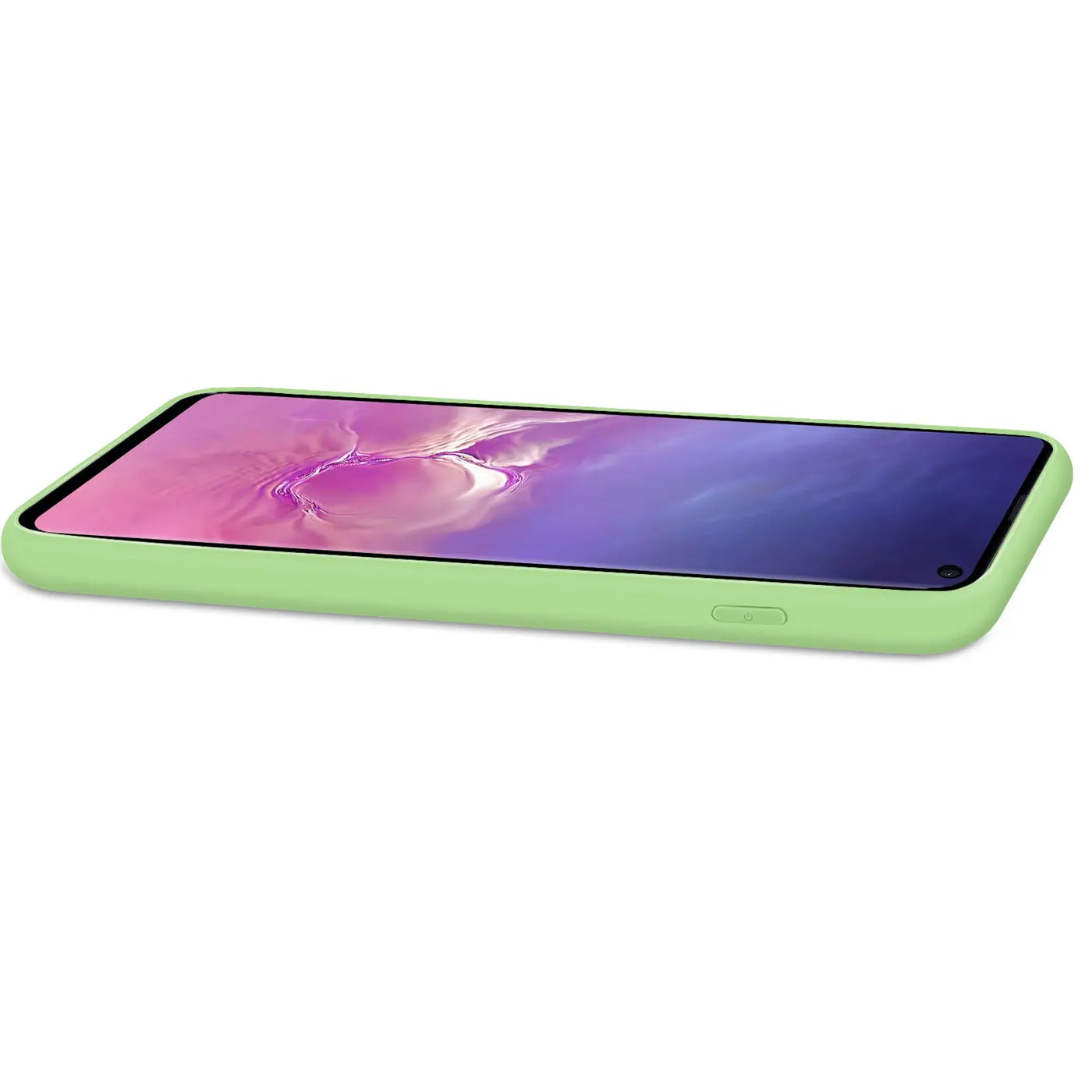Grüne Silikonhülle mit Mikrofaser-Innenfutter für Samsung Galaxy S10, Seitenansicht.