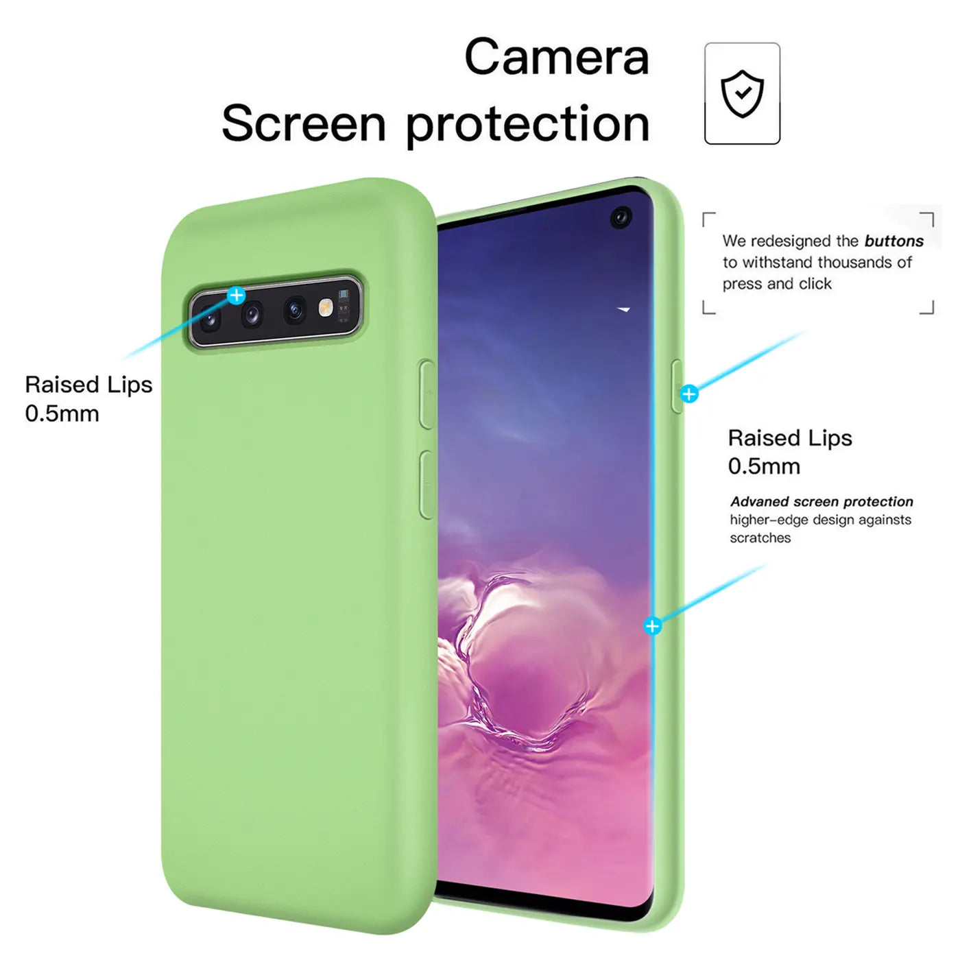 Hellgrüne Silikonhülle auf einem Samsung Galaxy S10, Seitenansicht.