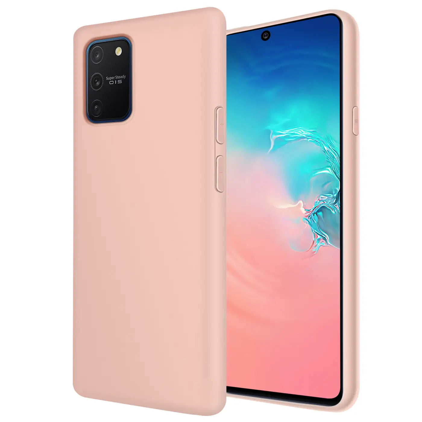 Rosa Silikonhülle mit Mikrofaser-Innenseite für Samsung Galaxy S10 Lite, Seitenansicht.