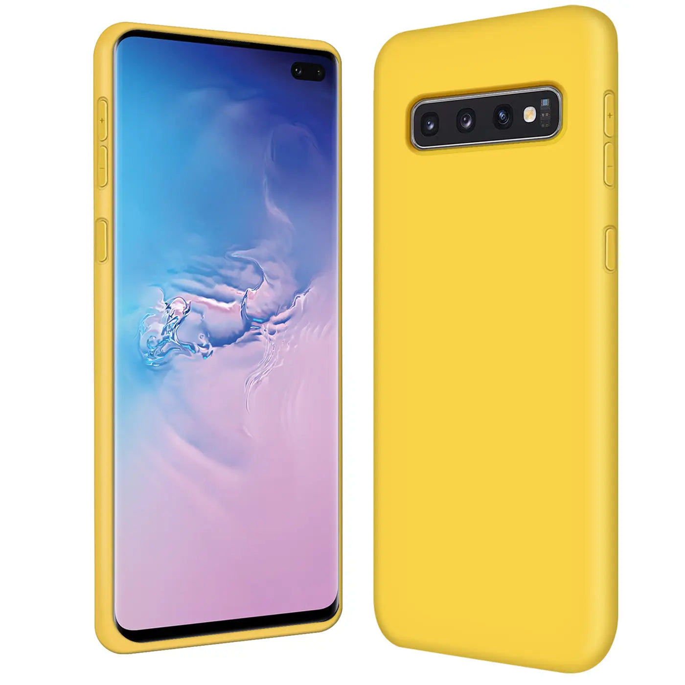 Gelbe Silikonhülle für Samsung Galaxy S10 Plus, Vorder- und Rückansicht