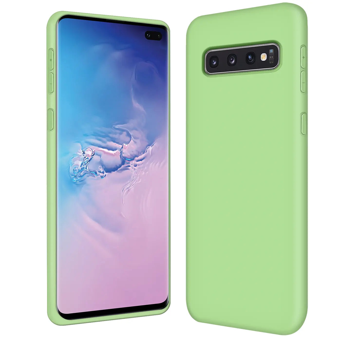 Grüne Silikonhülle für Samsung Galaxy S10 Plus, Vorder- und Rückansicht, Mikrofaser innen.
