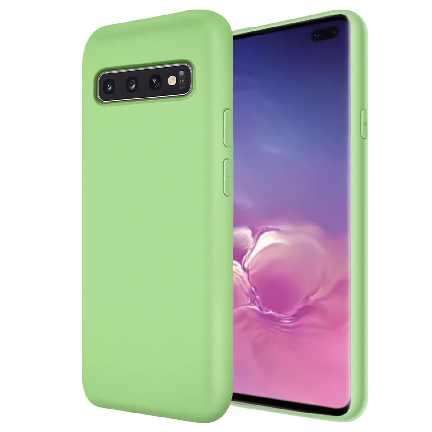 Grüne Silikonhülle mit Mikrofaser-Innenfutter für Samsung Galaxy S10 Plus, Seitenansicht.