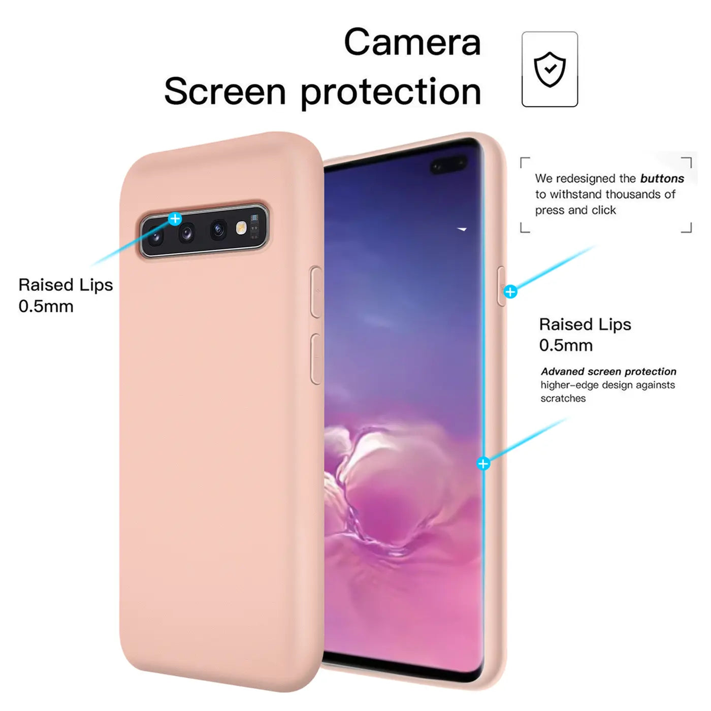 Rosa Silikonhülle für Samsung Galaxy S10 Plus, von vorne/seitlich gezeigt.