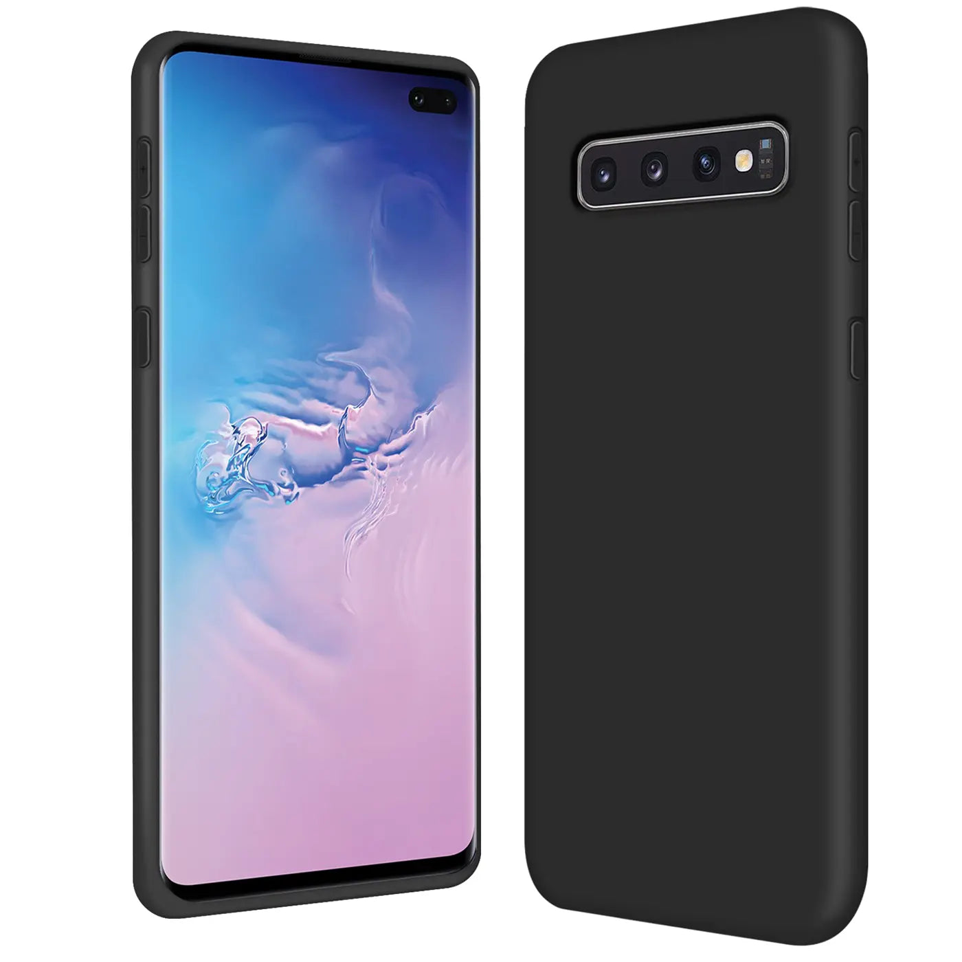 Schwarze Silikonhülle für Samsung Galaxy S10 Plus, Rückseite und Vorderseite, von links