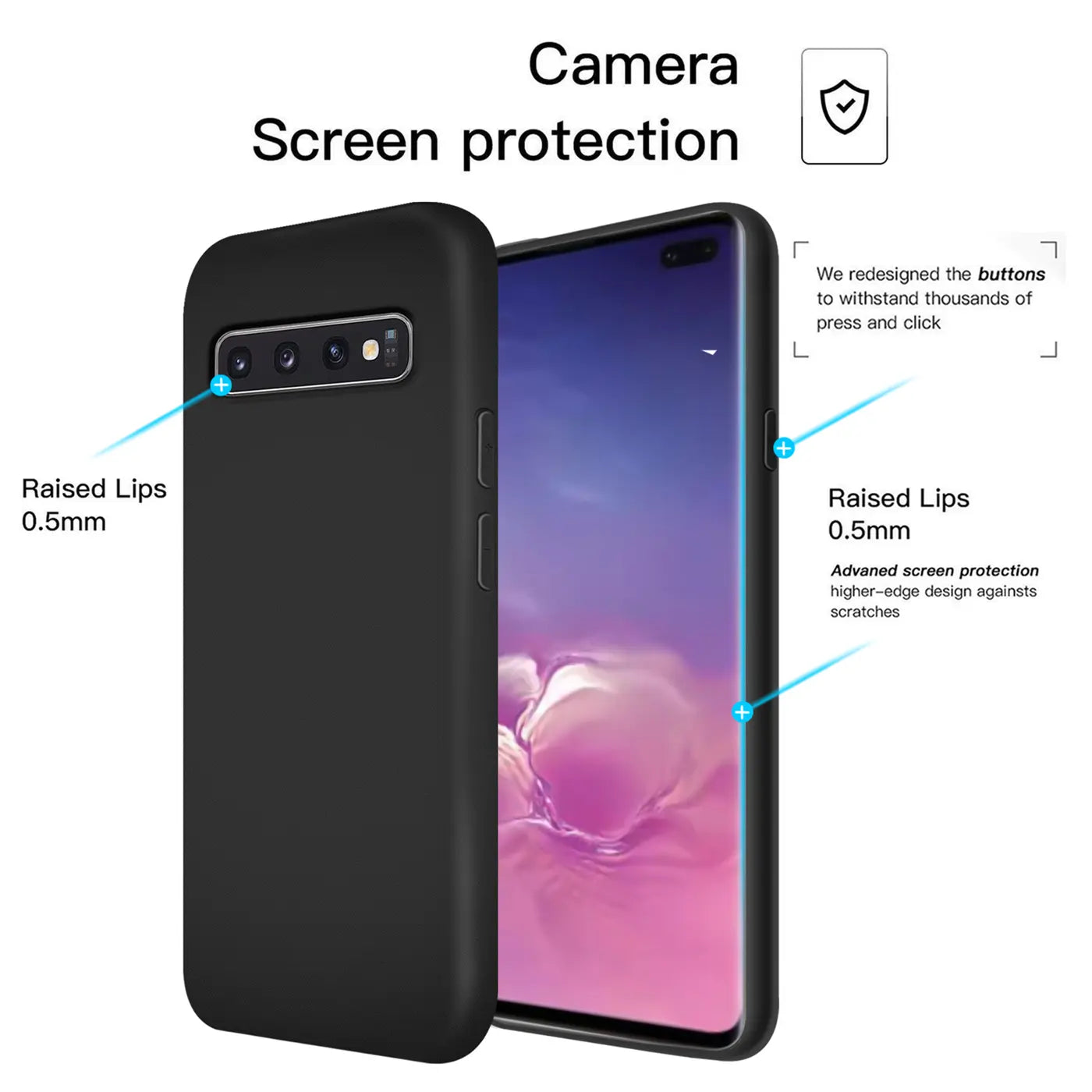 Schwarze Silikonhülle für Samsung Galaxy S10 Plus, von schräg vorne, mit Kamera- und Bildschirmschutz.