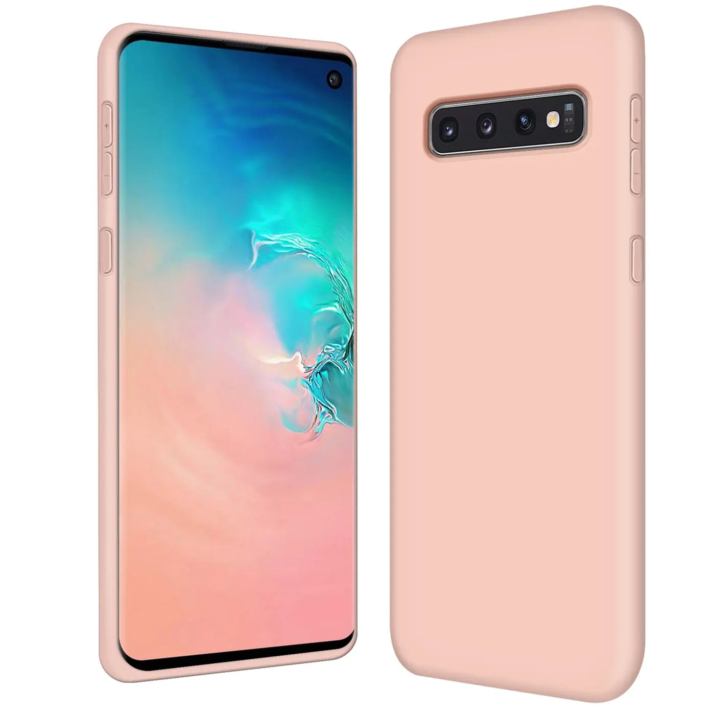 Rosa Silikonhülle mit Mikrofaserfutter für Samsung Galaxy S10, Vorder- und Rückansicht.