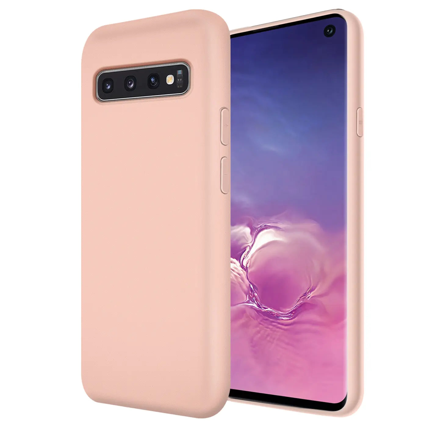 Rosa Silikonhülle mit Mikrofaser-Innenfutter für Samsung Galaxy S10, Seitenansicht.