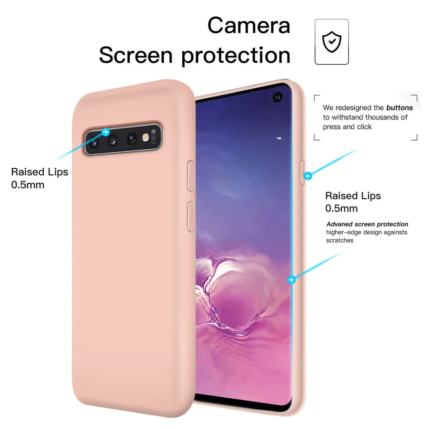 Rosa Silikonhülle für Samsung Galaxy S10, Seitenansicht, Mikrofaser-Innenfutter.