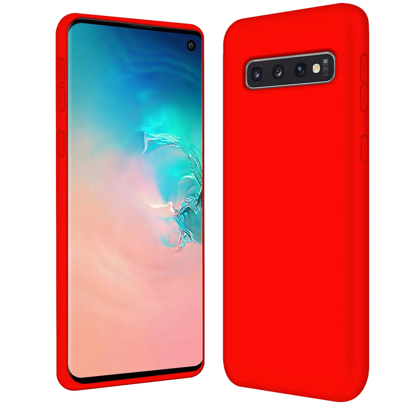 Rote Silikonhülle für Samsung Galaxy S10, Vorder- und Rückansicht.