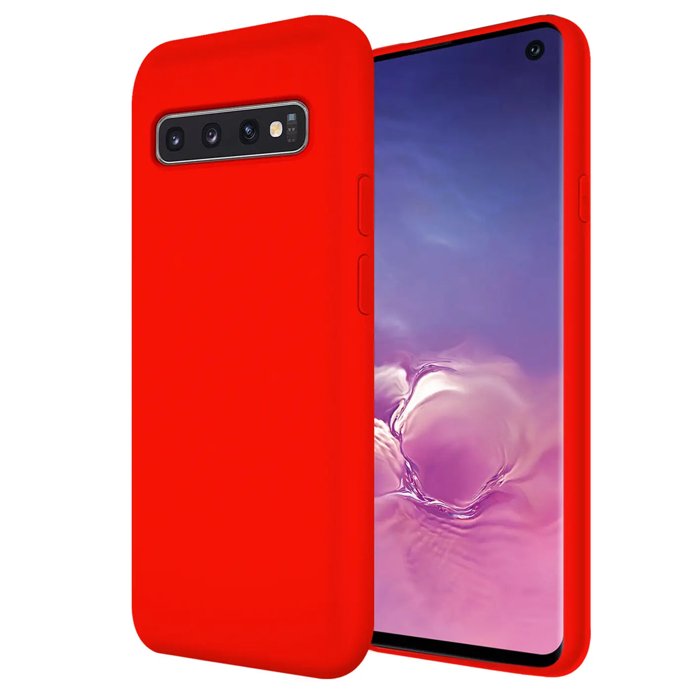 Rote Silikonhülle für Samsung Galaxy S10, Rückansicht, Mikrofaser-Innenfutter.
