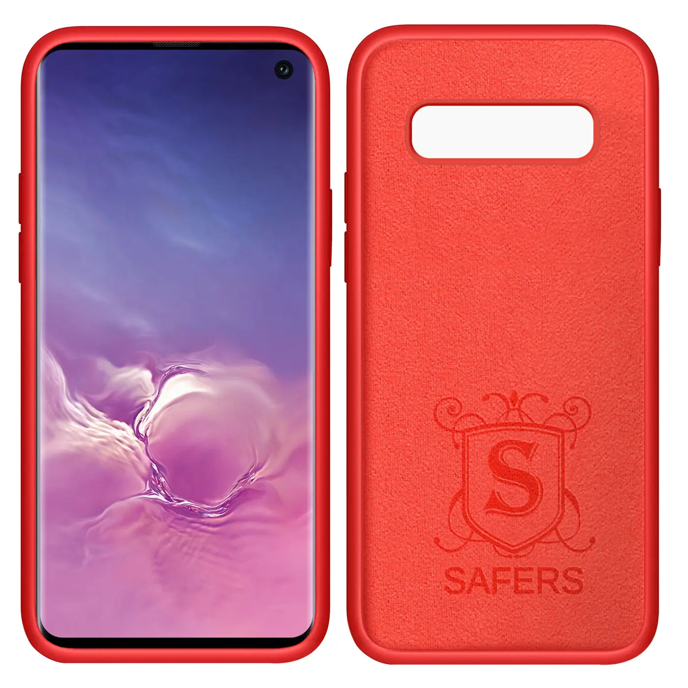 Rote Silikonhülle für Samsung Galaxy S10, Mikrofaser innen, Vorder- und Rückansicht.