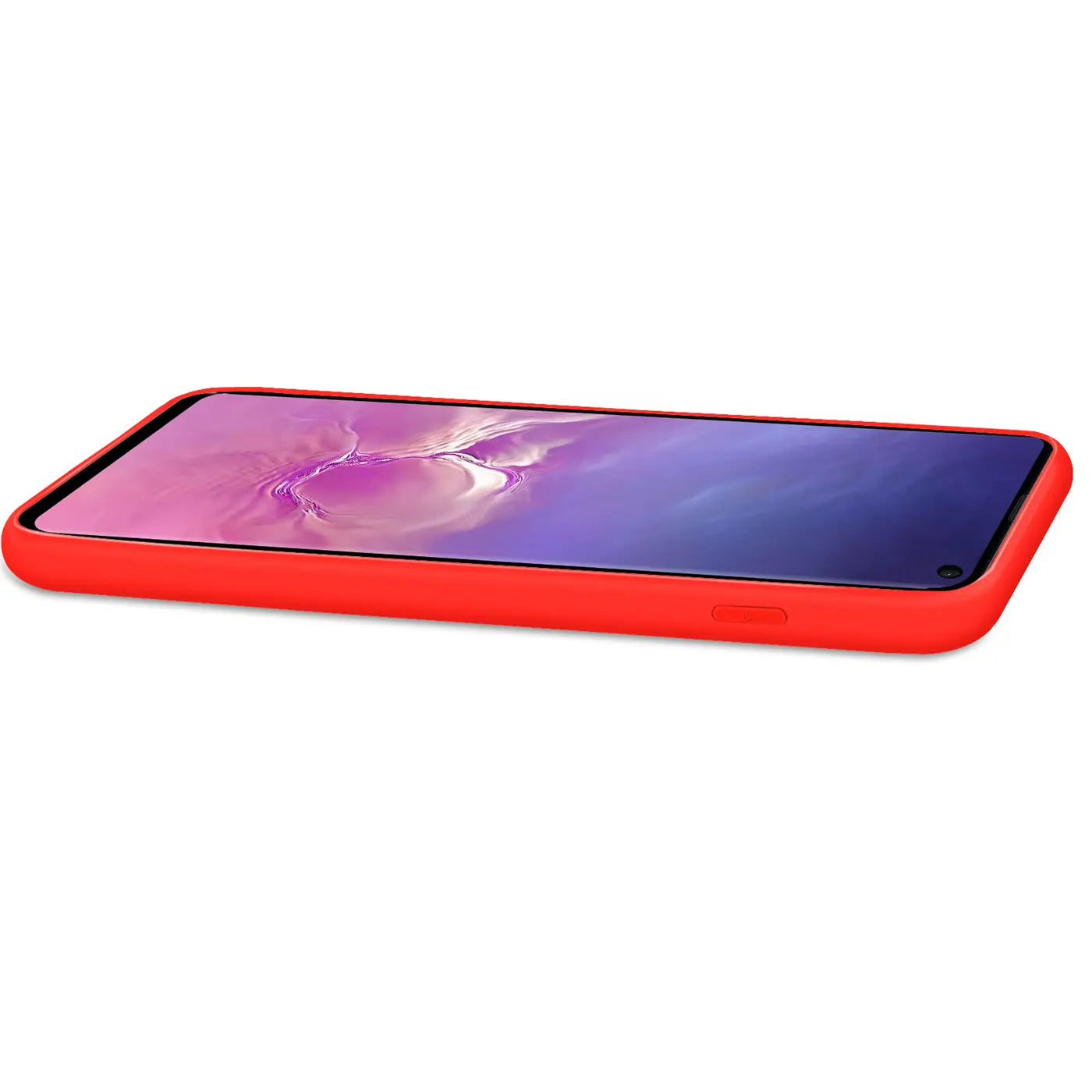 Rote Silikonhülle mit Mikrofaser-Innenfutter für Samsung Galaxy S10, Seitenansicht.
